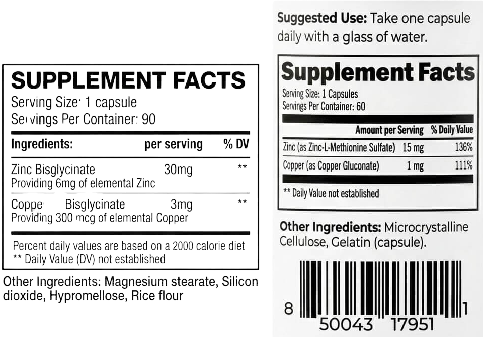 Zinc Label Comparison: 30mg vs 15mg Elemental Yield