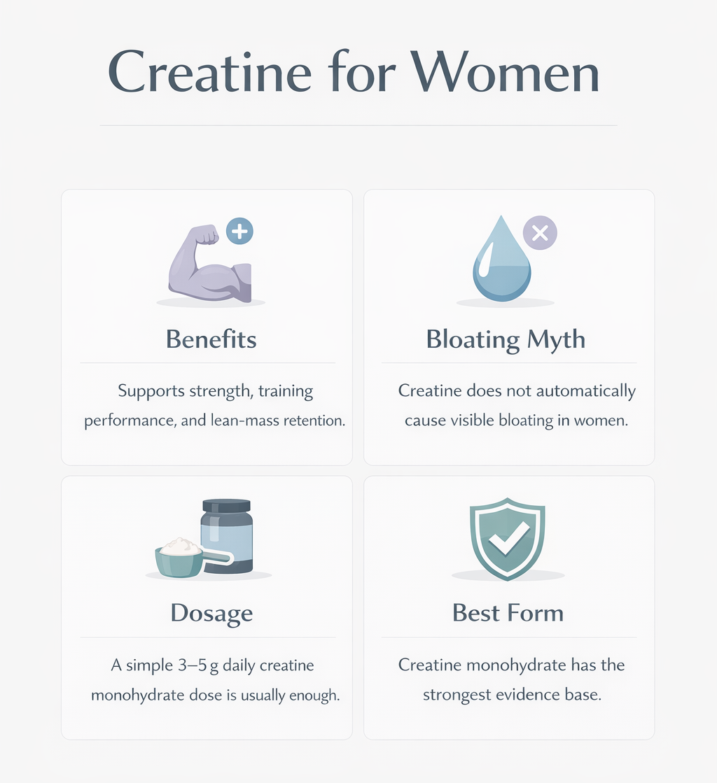 Creatine for women infographic showing benefits, bloating myths, dosage, and best form