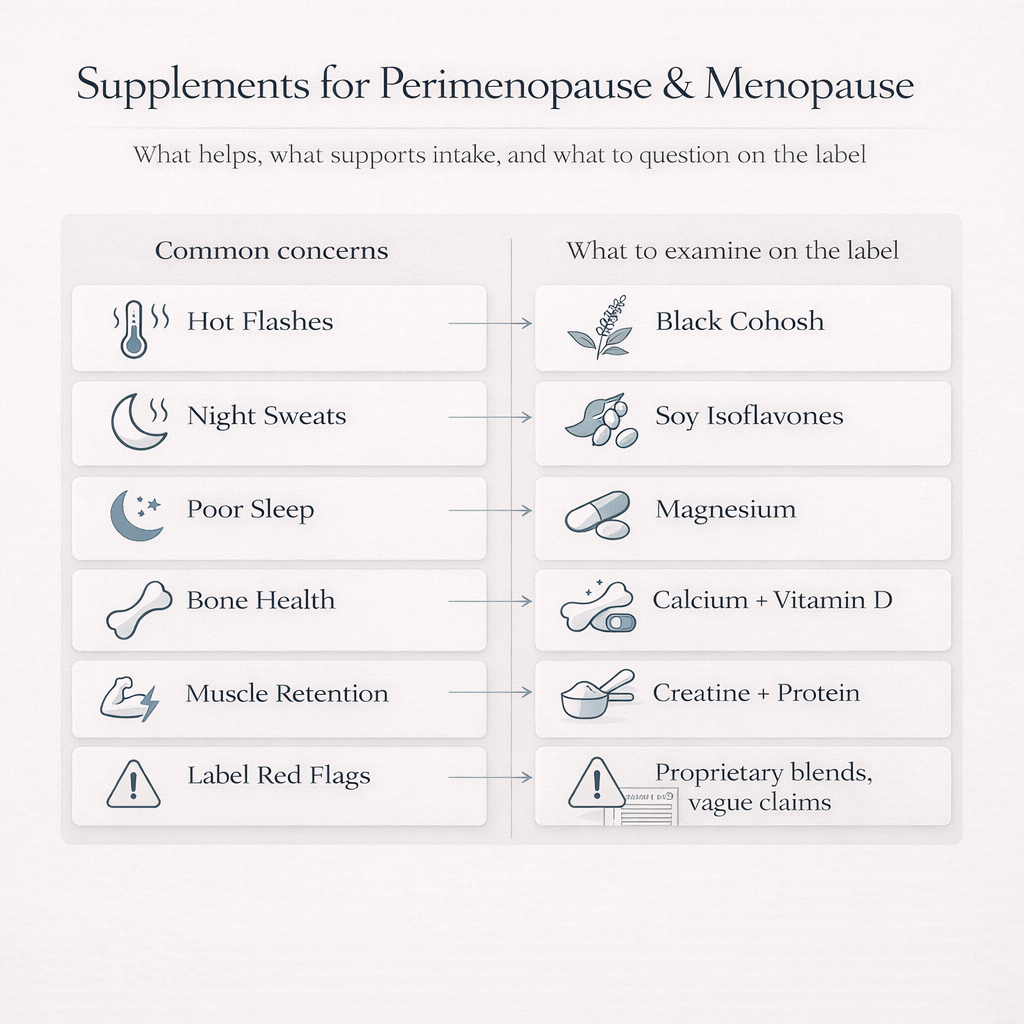 Infographic showing supplements with evidence for hot flashes and menopause label red flags