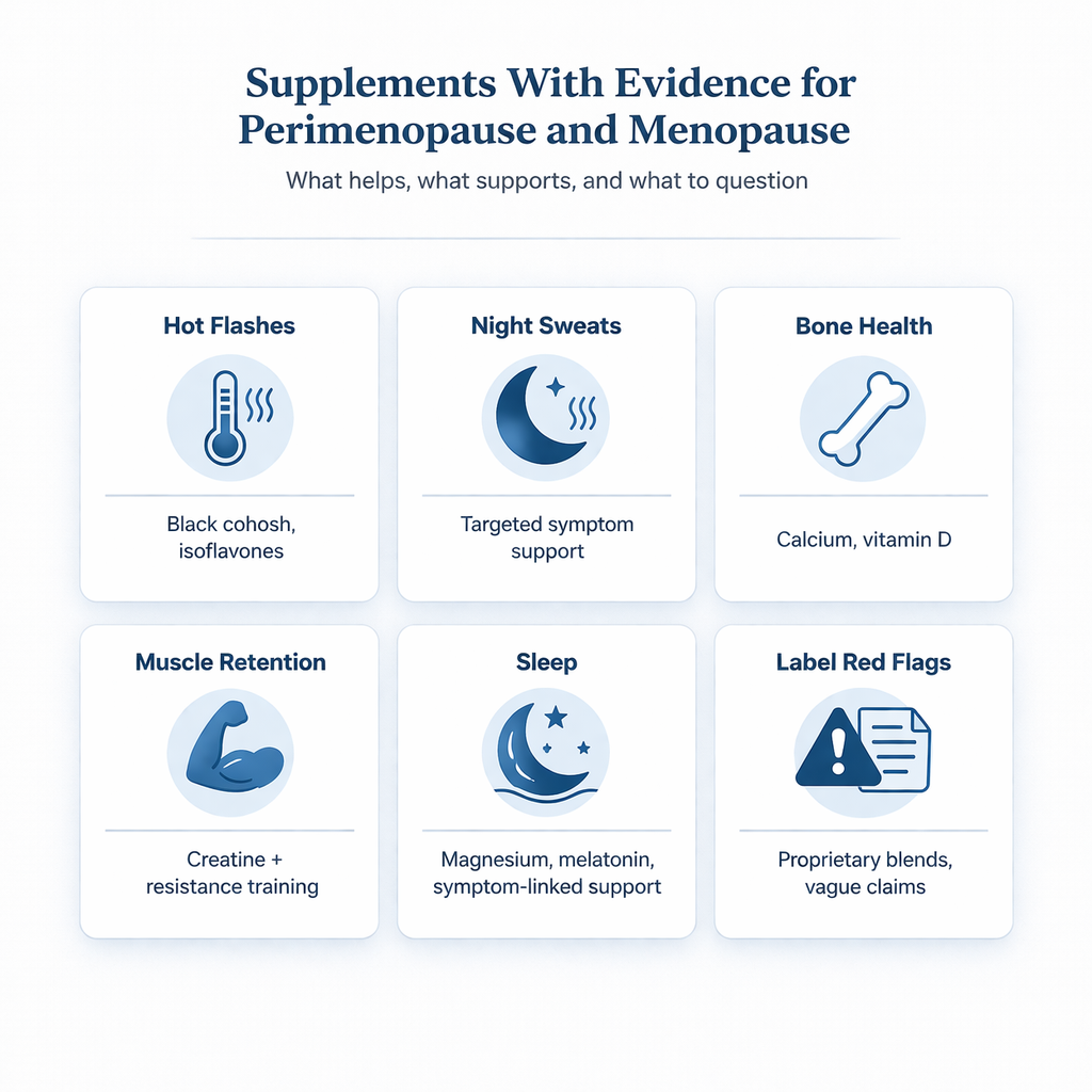 Infographic showing supplements with evidence in perimenopause and menopause including black cohosh, soy isoflavones, creatine, magnesium, calcium, and vitamin D