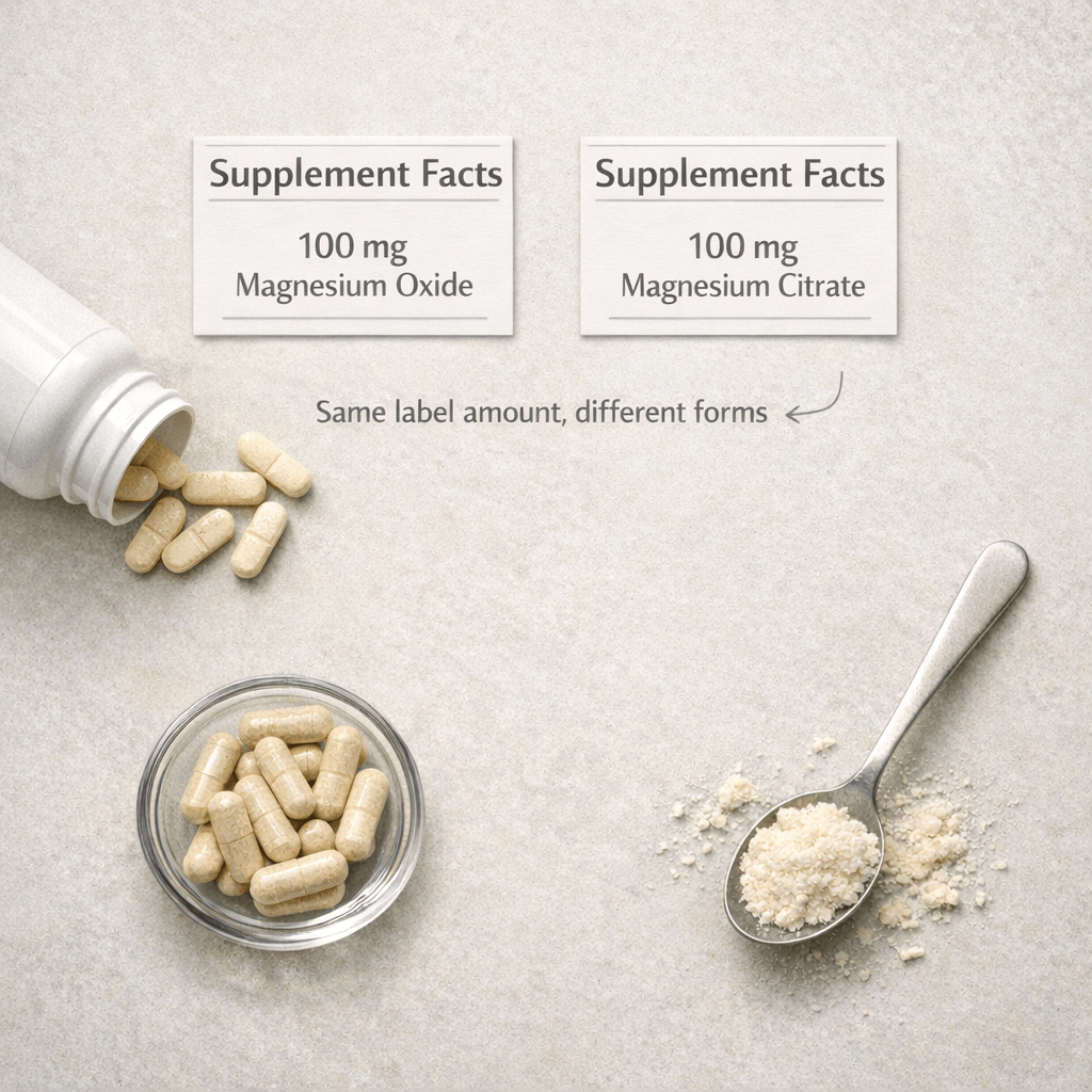 Editorial-style visual comparing magnesium oxide and magnesium citrate to show that the same label amount can come in different ingredient forms.