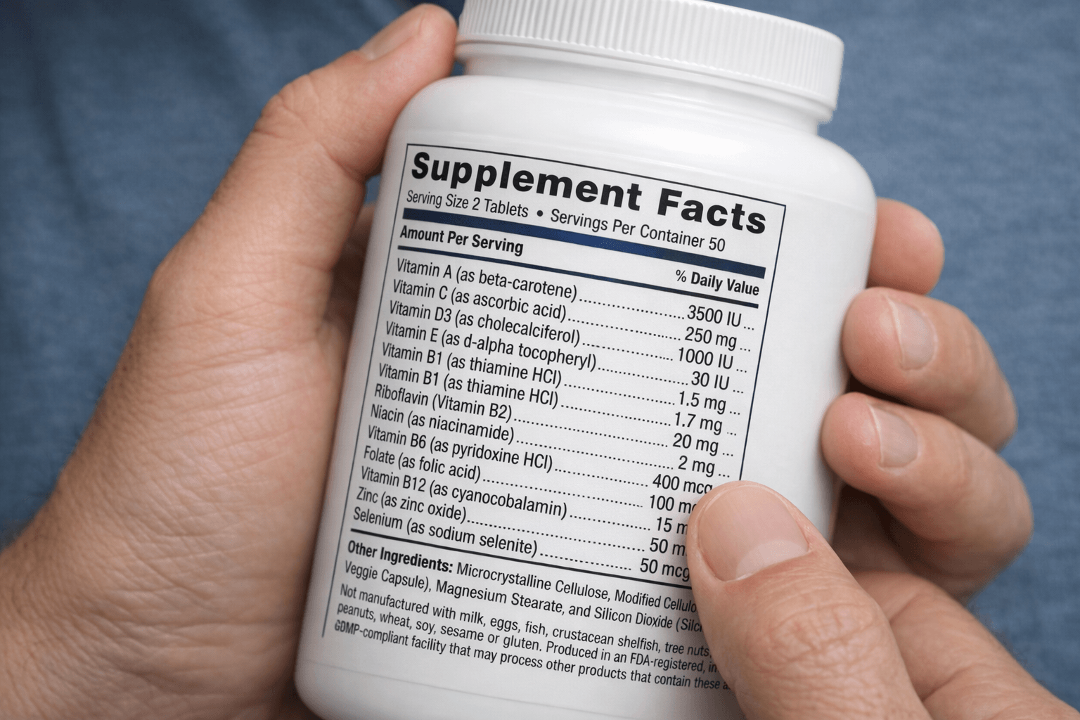 Close-up of a supplement facts label used for ingredient analysis