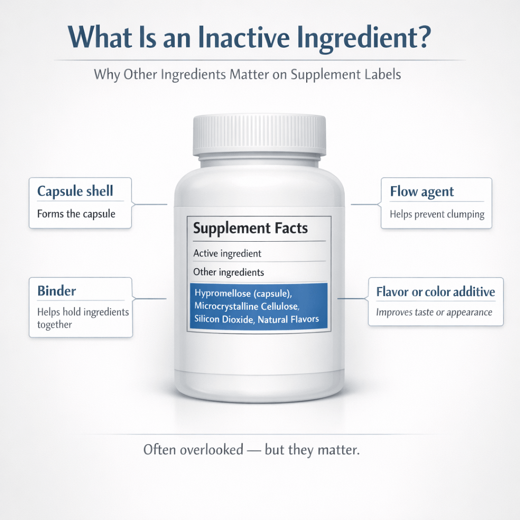 Infographic explaining what inactive ingredients are on supplement labels and why other ingredients matter